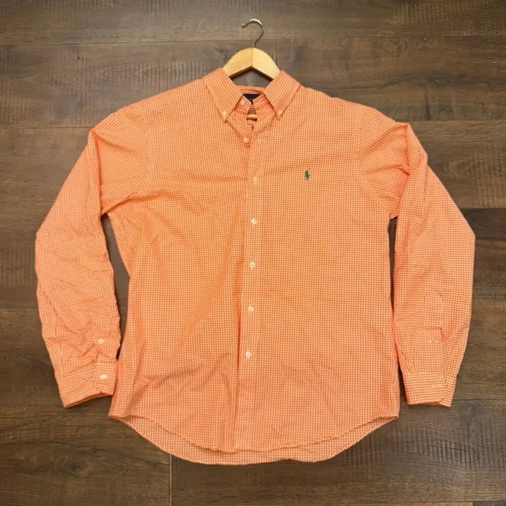 Polo Ralph Lauren Men’s L Orange Gingham Check Button Down Shirt Green Pony